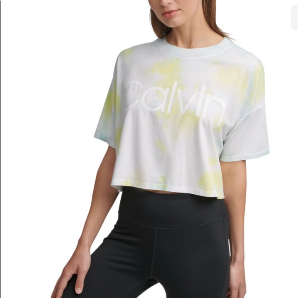Calvin Klein Performance Cropped Tie-Dyed Short Sleeve Logo T-Shirt- Lime, XL